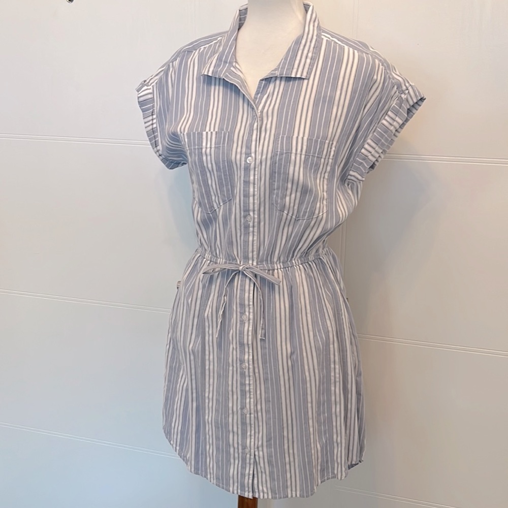 Blue and White Striped Cotton Button Down Shirt dress with belt tie, Size Large